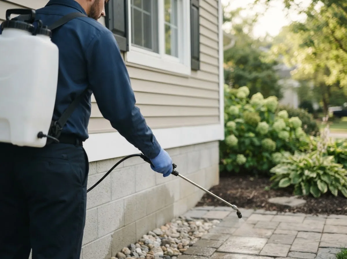 Pest control technician inspecting a home in Cassville, MO